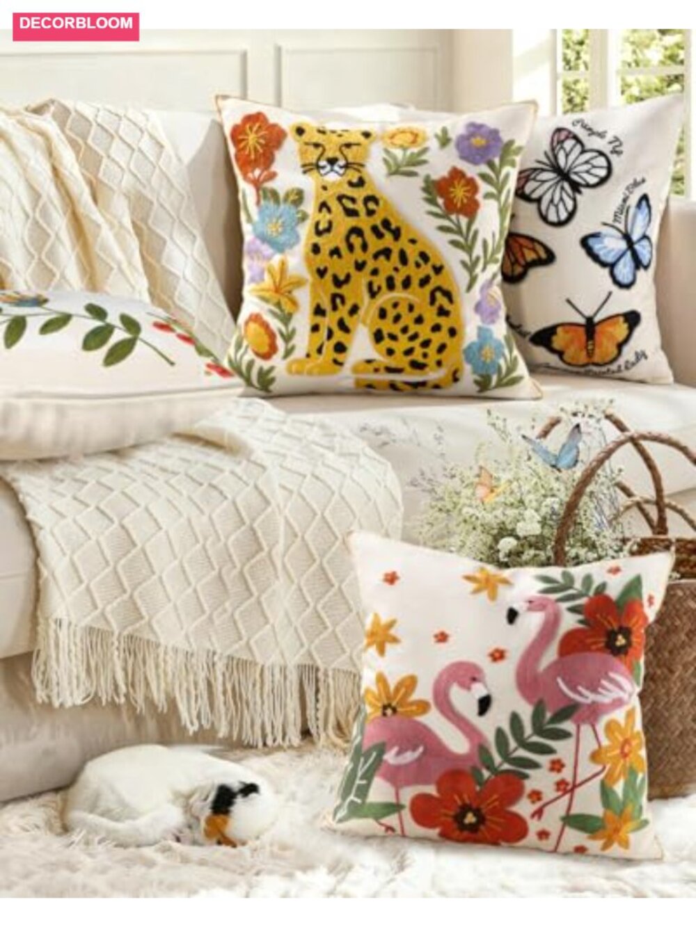 Embroidered Animal Floral Throw Pillow Cover 18x18 - Picture 5 of 6